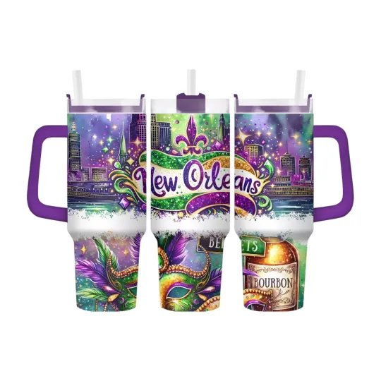 Discover 40oz Stainless Steel Tumbler with Handle - Mardi Gras, New Orleans, Louisiana