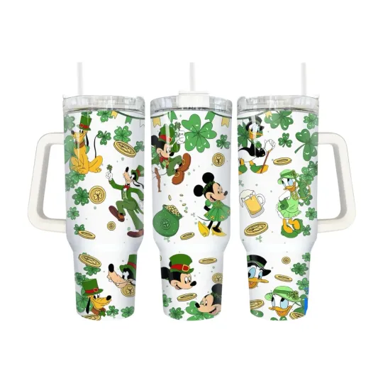Discover Handmade 40oz Stainless Steel Tumbler with Handle - St Patrick’s Day Irish Mickey Mouse Gift
