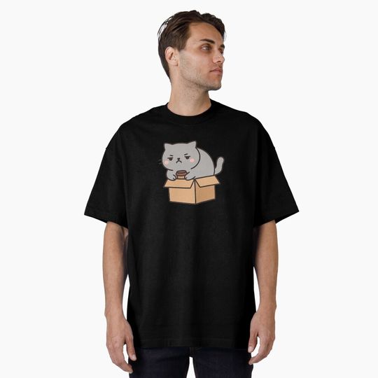 Discover Grumpy Cat in a Tiny Box – Kawaii Sticker Oversized T-Shirt