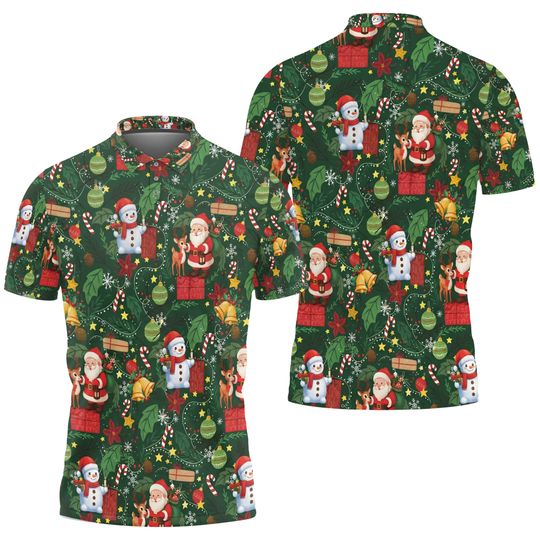 Men's Christmas Polo Shirt Reindeer and Snowman Print Holiday Golf Polo