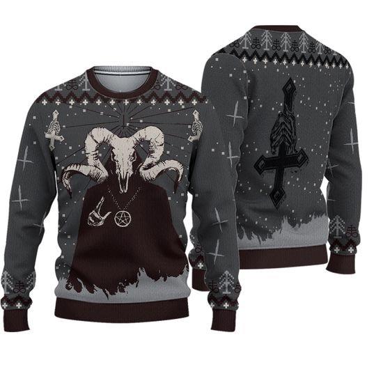 Baphomet Ugly Christmas Sweater, Gothic Holiday Knit, Dark Humor Xmas Jumper, Occult Sweater Gift for Him