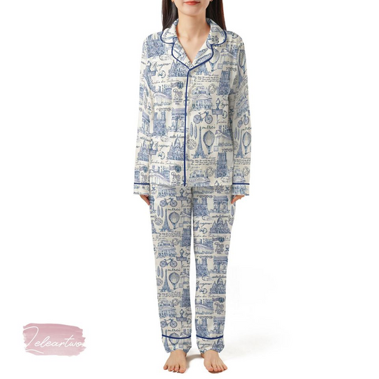 Paris Merci Vintage Set | Silky Satin Pajama Set for Women | French Toile Sleepwear | Blue Paris Print Lounge Set | Gift for Francophiles
