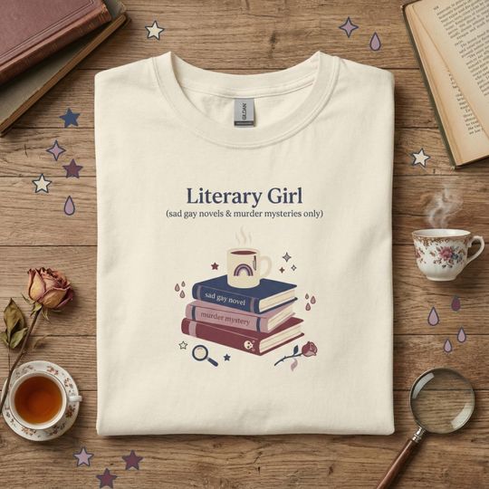Discover Literary Girl T-Shirt with Sad Gay Novels and Murder Mysteries Design, Cozy Book Lover Gift
