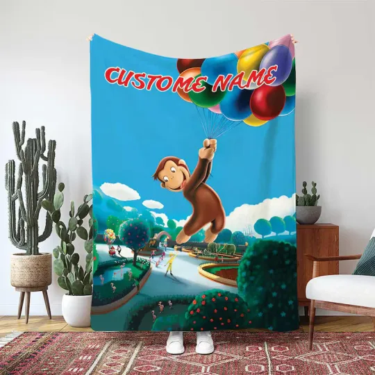 Discover Curious George Custom Blanket, George Flying Over Park Fleece Blanket
