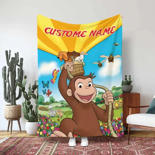 Discover Curious George Custom Blanket, George Flying Hot Air Balloon Fleece Blanket