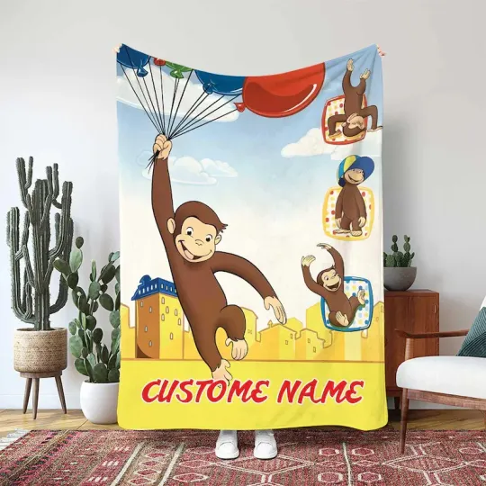 Curious George Custom Blanket, George Flying Balloons Fleece Blanket