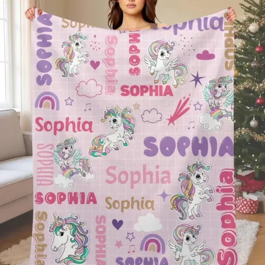 Discover Personalized Unicorn Name Blanket, Custom Rainbow Fleece Blanket