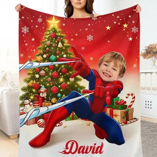 Discover Personalized Web-Slinging Hero Blanket, Custom Photo Action Hero Fleece Blanket