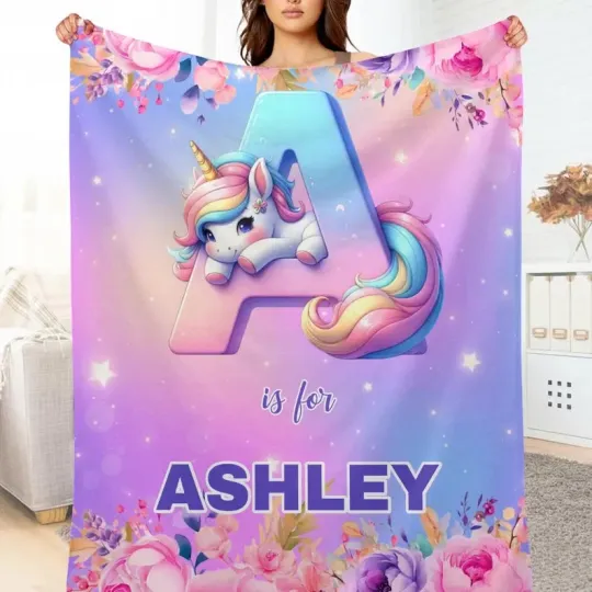 Discover Personalized Unicorn Initial Blanket, Custom Name Fleece Blanket