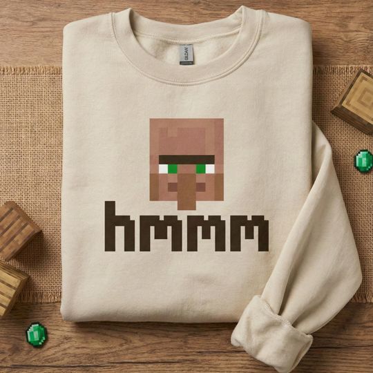 Minecraft Villager Crewneck Sweatshirt, Unisex Gamer Graphic Hoodie, Cozy Pixel Meme Gift
