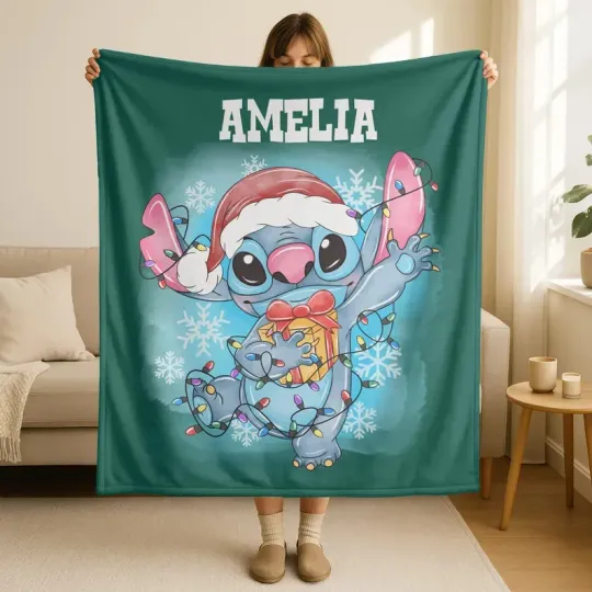 Discover Personalized Disney Stitch Christmas Xmas Light Snow Gift Cozy Fleece Blanket