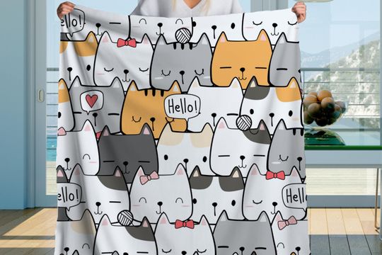 Discover Cute Cat Doodle Sherpa Blanket  Kawaii Kitty Pattern, Cartoon Cat Lover Throw