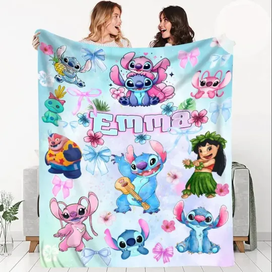 Discover Personalized Disney Lilo & Stitch Angel Coquette Bows Fleece Blanket