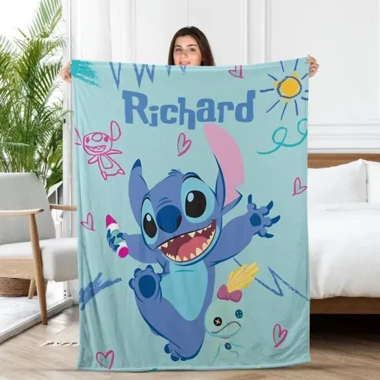 Discover Personalized Disney Lilo And Stitch Happy Emotion Sketch Cozy Fleece Blanket