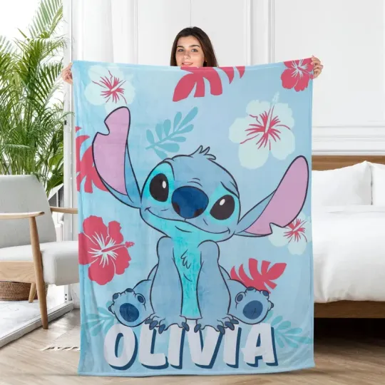 Discover Personalized Disney Stitch Hibiscus Aloha Light Blue Cozy Fleece Blanket