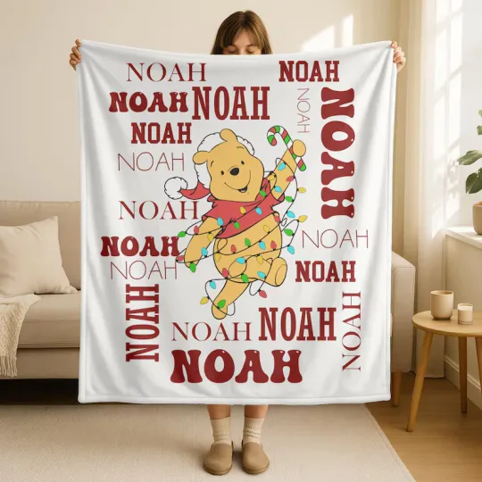 Discover Personalized Disney Winnie The Pooh Christmas Cute With Lights Fleece Blanket