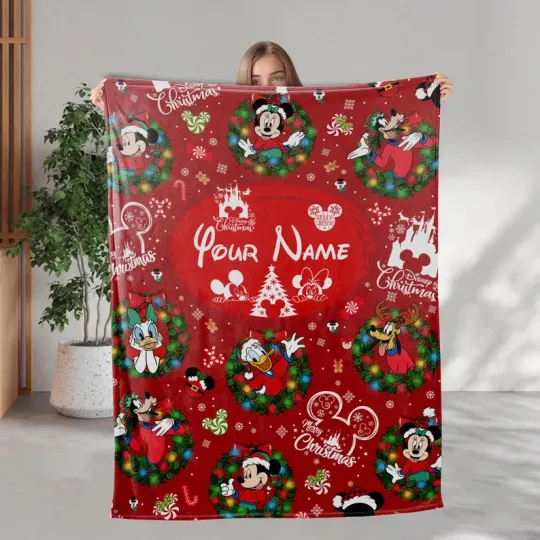 Discover Personalized Disney Mickey & Friends Wreath Christmas Red Cozy Fleece Blanket