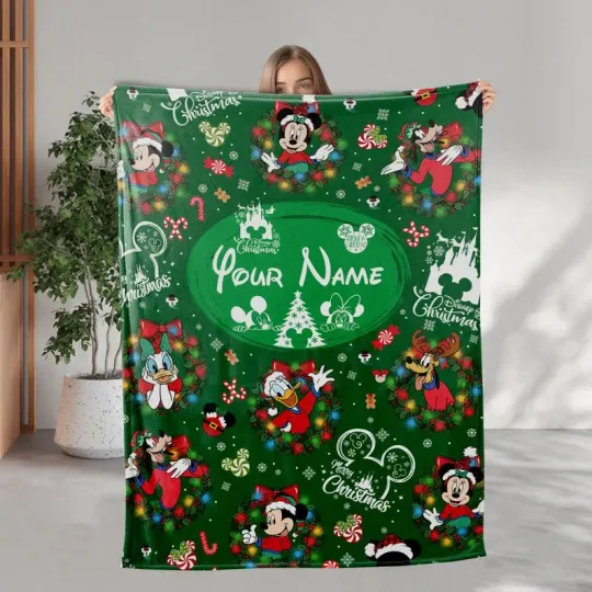 Discover Personalized Disney Mickey & Friends Wreath Christmas Green Cozy Fleece Blanket
