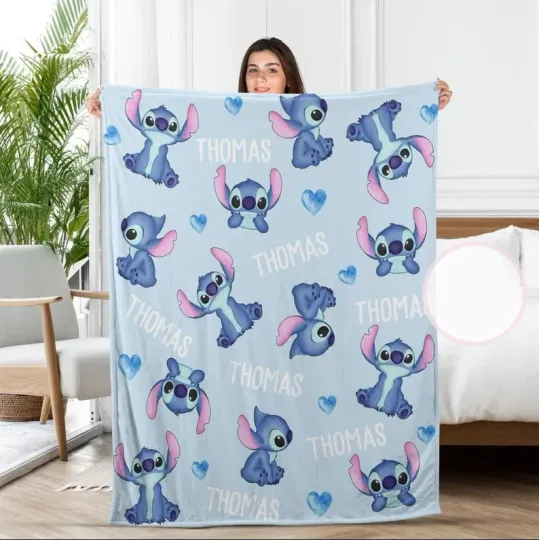 Discover Personalized Disney Stitch Cute Poses Light Blue Cozy Fleece Blanket