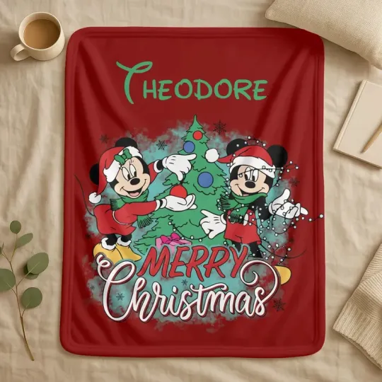 Discover Personalized Disney Mickey And Minnie Mouse Christmas Red Cozy Fleece Blanket