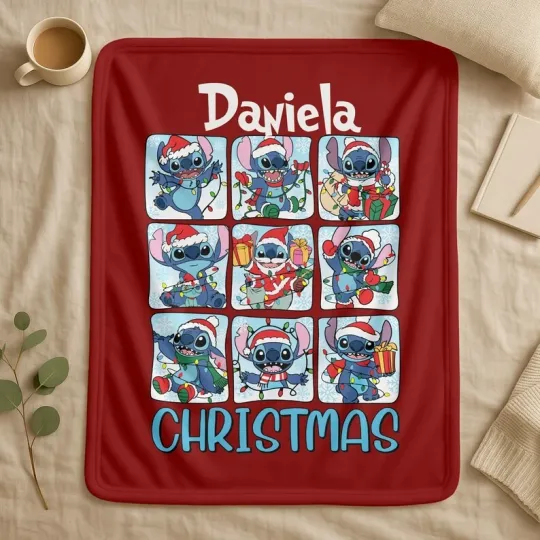 Discover Personalized Disney Stitch Christmas Graphics Red Fleece Blanket
