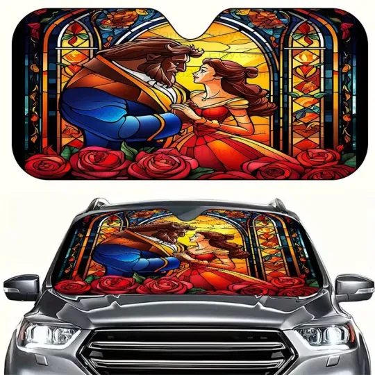 Discover Beauty And The Beast Stained Glass Red Rose Valentine Car Windshield Sun Shade