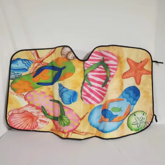 Discover NEW Universal Car Sunshade- Beach Theme 54x27 Easy Storage Straps- Suction Holes