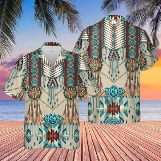 Discover Turquoise Blue Pattern Breastplate Native American Hawaiian Shirt
