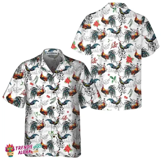 Christmas Chicken With Poinsettia Flower Hawaiian Shirt, Tropical Christmas Shirt