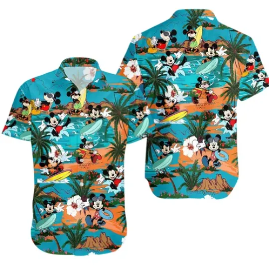 Discover Mickey Surfing Hawaiian Button Up Shirt Palm Tree Beach Aloha Shirts