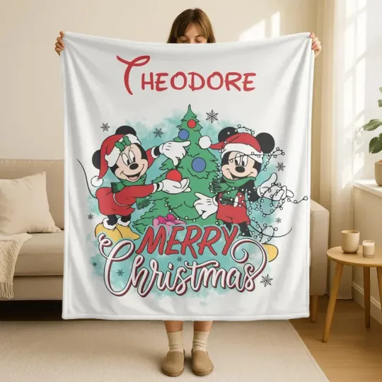 Discover Personalized Disney Mickey And Minnie Mouse Christmas White Cozy Fleece Blanket