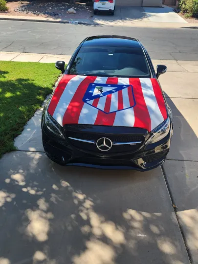 Discover Atletico Madrid Auto Hood Cover with Soccer Flags