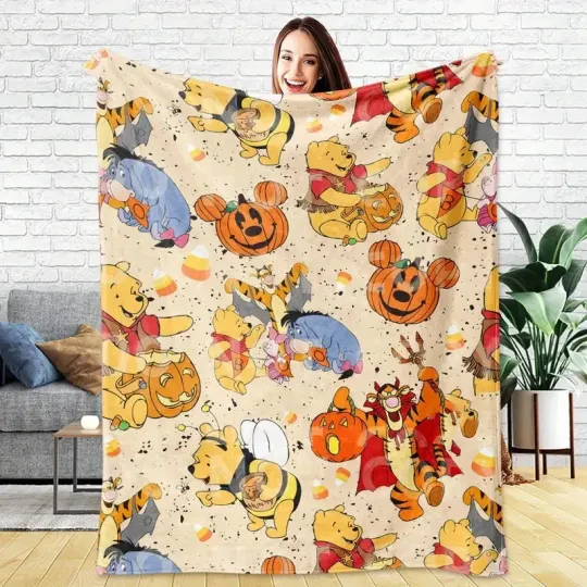 Discover Halloween Pumpkin Disney Cute Pooh Bear Blanket, Disney Halloween Fleece Blanket