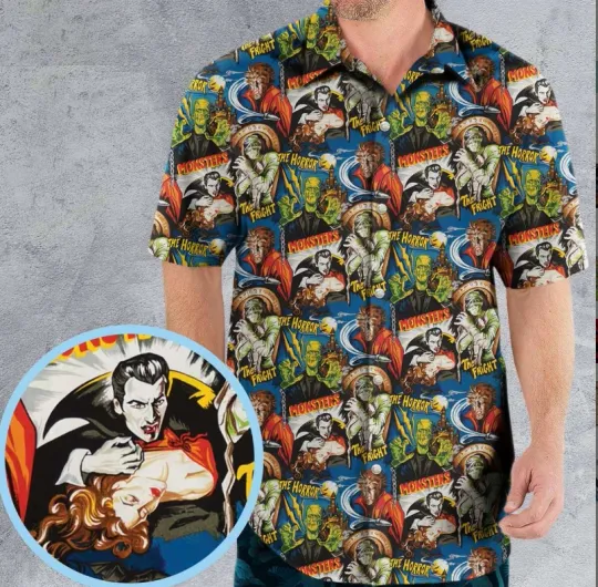 Discover The Horror The Fright Dracula Frankenstein The Wolfman Hawaiian Shirt