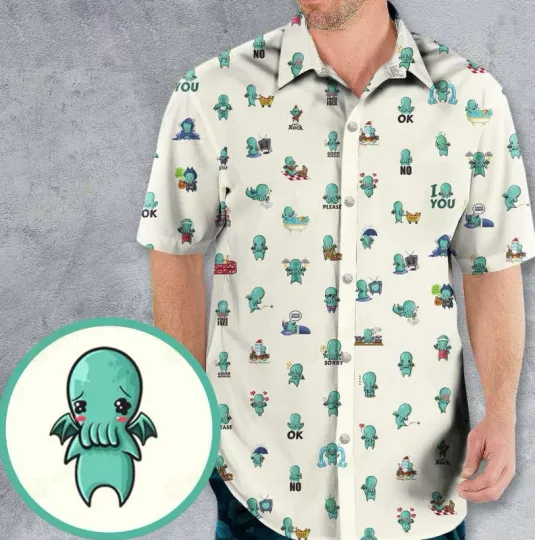 Kawai Cthulhu Pattern Hawaiian Shirt, Funny Hawaiian Shirts