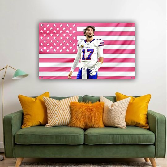 Discover Josh Allen Pink American Flag | Football Quarterback Wall Tapestry | Buffalo City Sports Decor | Frat Dorm Motivation Flag