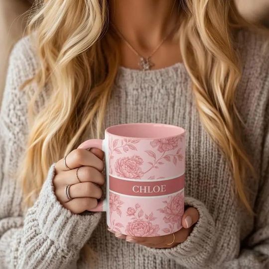 Discover Personalized Name Mug Blue Toile Design - Custom Coffee Cup, Vintage-Inspired Gift for Her, Bridal Party Favor, Teen Girl