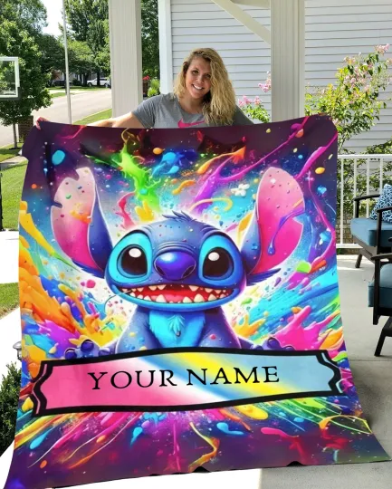 Discover Personalized Colorful Watercolor Stitch Ohana Means soft Plush Fleece Blanket