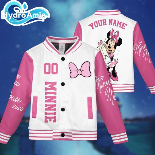 Minnie Mouse Baseball Jacket  Disney Pink Varsity Jacket for Adult Kid Youth, 3D All Over Print Minnie Bomber, Family Matching Gift