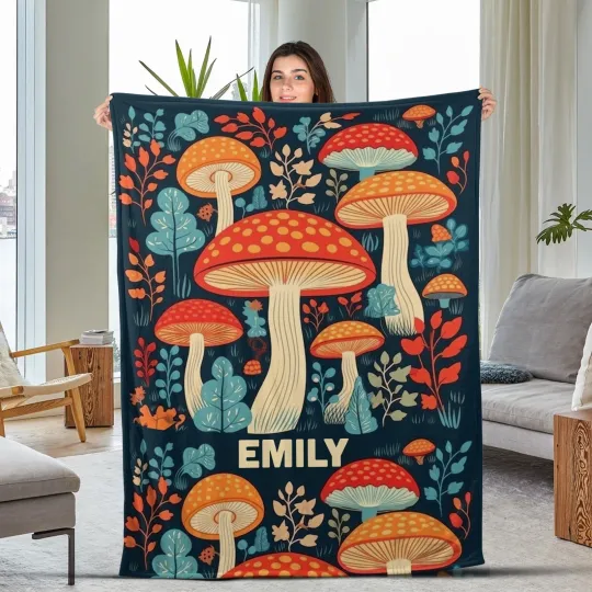 Discover Personalized Mushroom Blanket, Vintage Fungi Blanket, Custom Name Plush Fleece