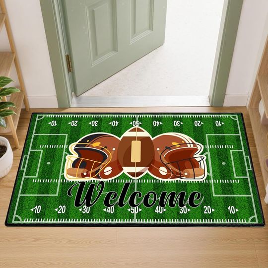 Discover Football Welcome Door Mat, Football Field Design for Boys Bedroom and Game Room