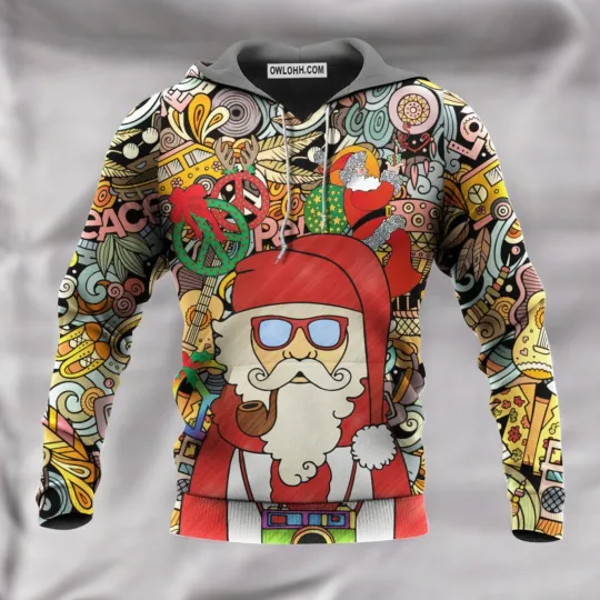 Discover Christmas Hippie Santa Claus Love 038 Peace Cartoon Style Hoodie Owl O
