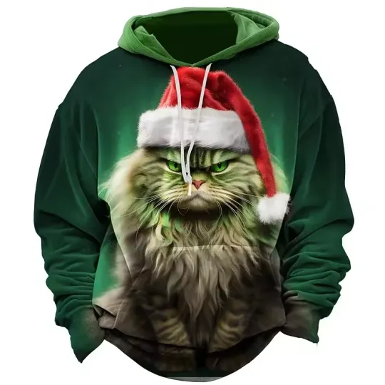 Discover 3D Print Christmas Cat Graphic Hoodie Cute Animal Pattern Loose Casual Comfortab