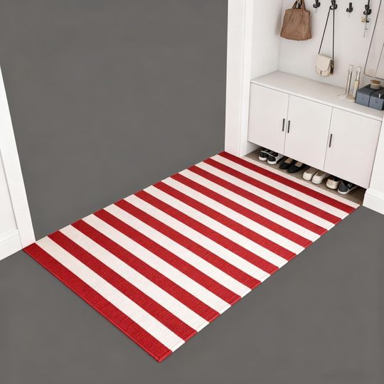 Discover Red and White Striped Outdoor Doormat, Washable Hand-Woven Rug for Front Porch Entry