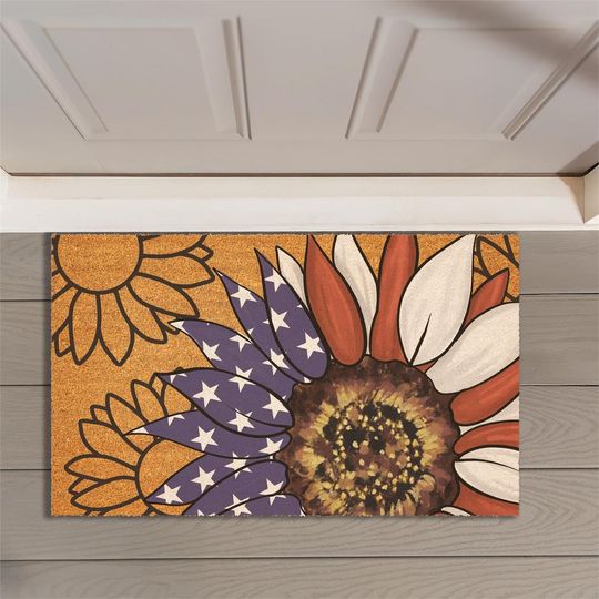 Evergreen American Classic Patriotic Sunflower Coir Doormat, Welcome Mat for Outdoor and Indoor Entrance