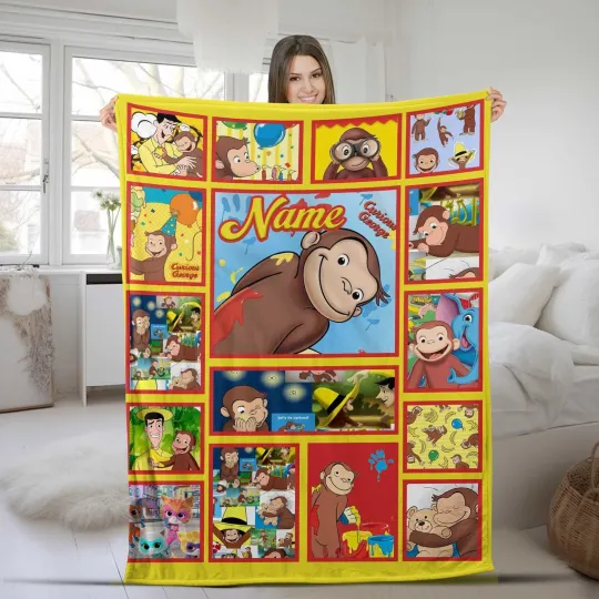 Personalized Curious George Blanket, Curious George Throw Blanket Couch Sofa,