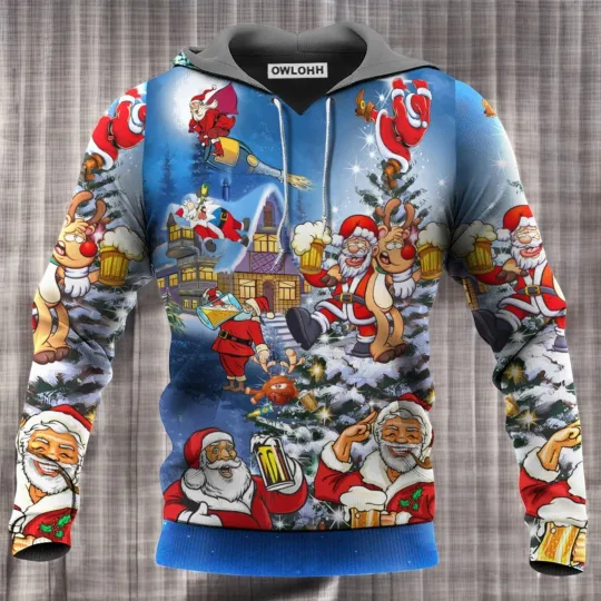 Discover Christmas Funny Santa Claus Drinking Beer Troll Xmas Hoodie