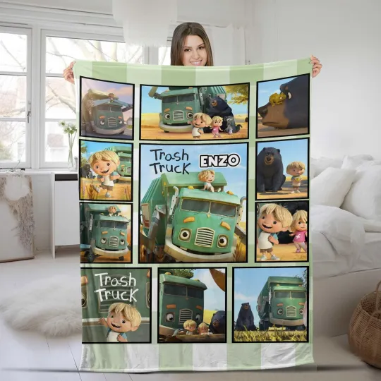 Trash Truck Blanket, Personalized Trash Truck Fleece Blanket, Custom Name Kid