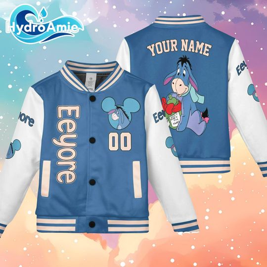 Personalized Eeyore Varsity Jacket, Disney Winnie the Pooh Baseball Jacket, Kids Youth Adult Varsity Jacket