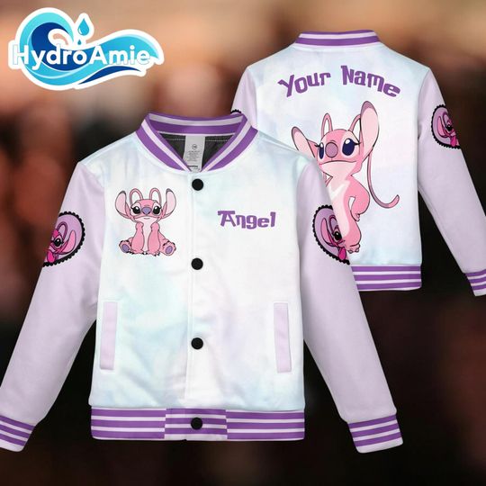 Custom Angel Stitch Kids and Youth Baseball Jacket, Personalized Stitch Angel Unisex Varsity Baseball Jacket